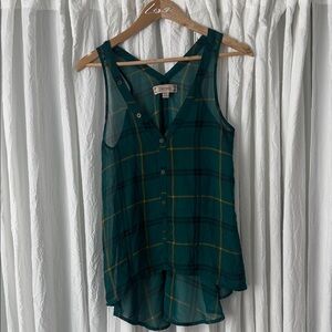 Decree Teal Green Plaid Button-Front Sleeveless Top